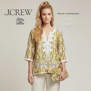 J.Crew Silk Soutache Tunic + Matching Bow Clutch in Fresco Damask Print